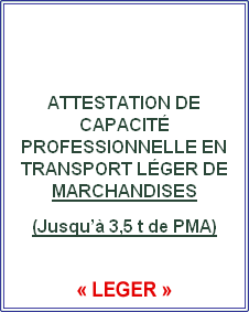 


ATTESTATION DE CAPACITÉ PROFESSIONNELLE EN TRANSPORT LÉGER DE MARCHANDISES
(Jusqu’à 3,5 t de PMA)